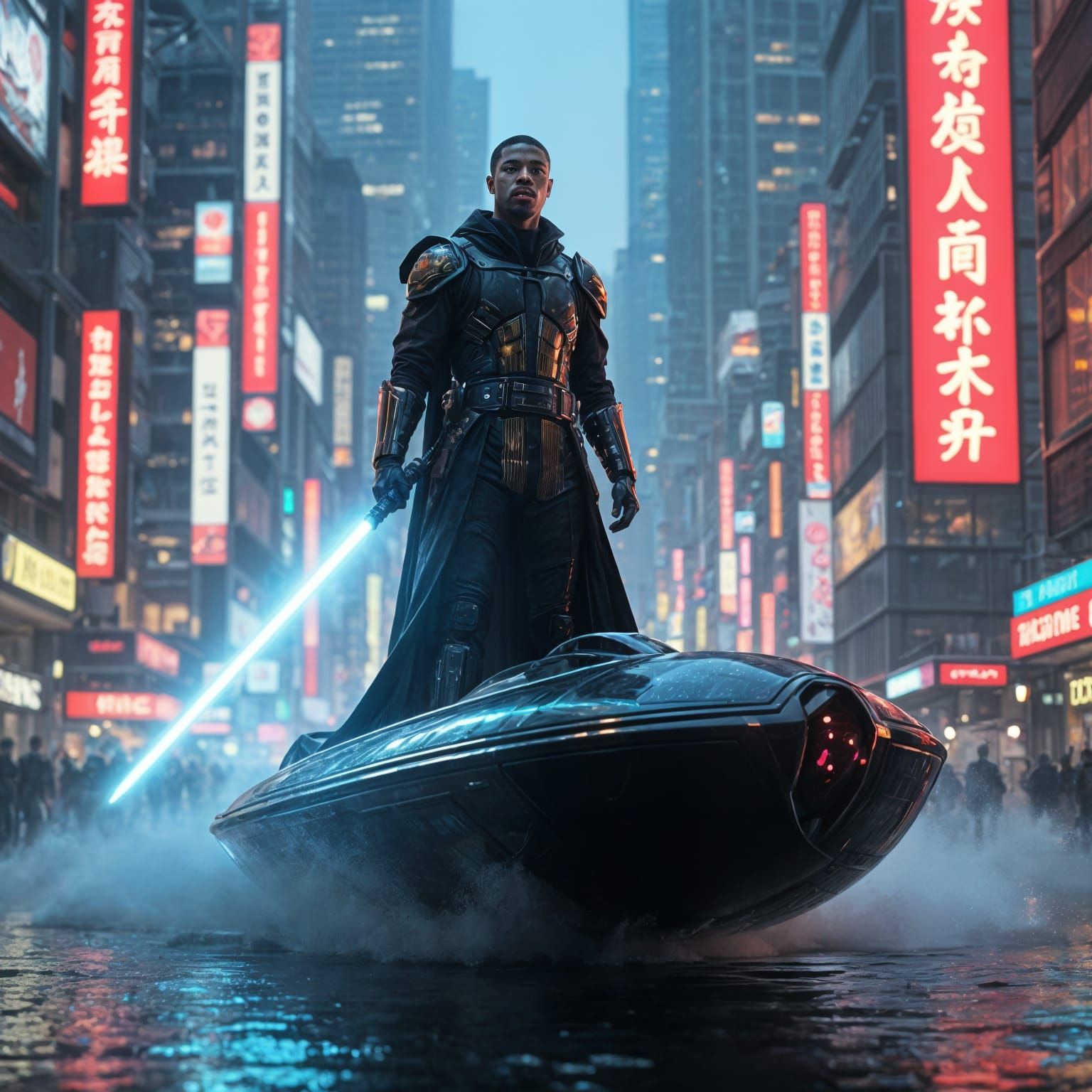 Futuristic Jedi Warrior Soaring Through Neon Cityscape