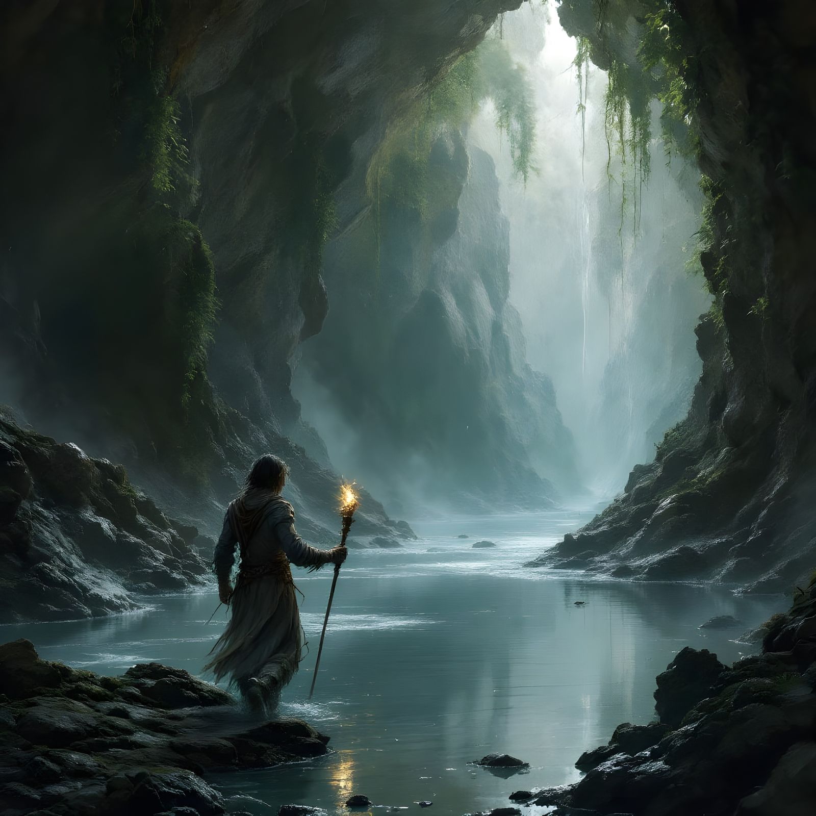 Adventuress Exploring Flooded Cave in Dark Fantasy Style