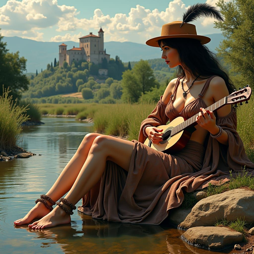 La Signora of Etruscan descent riverbank wearing men's hat p...