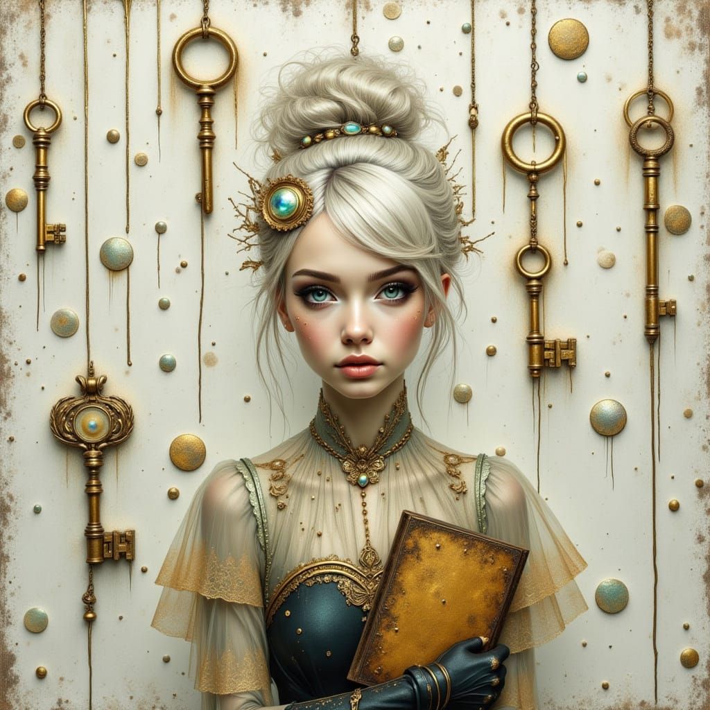 Woman with Keys and Notebook in Dreamy Digital Art