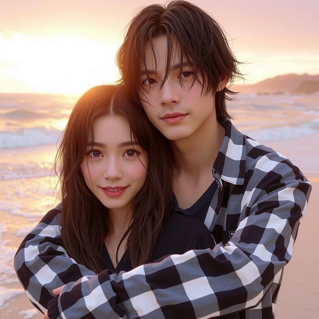 Romantic Beach Scene in Vibrant 3D Anime Style