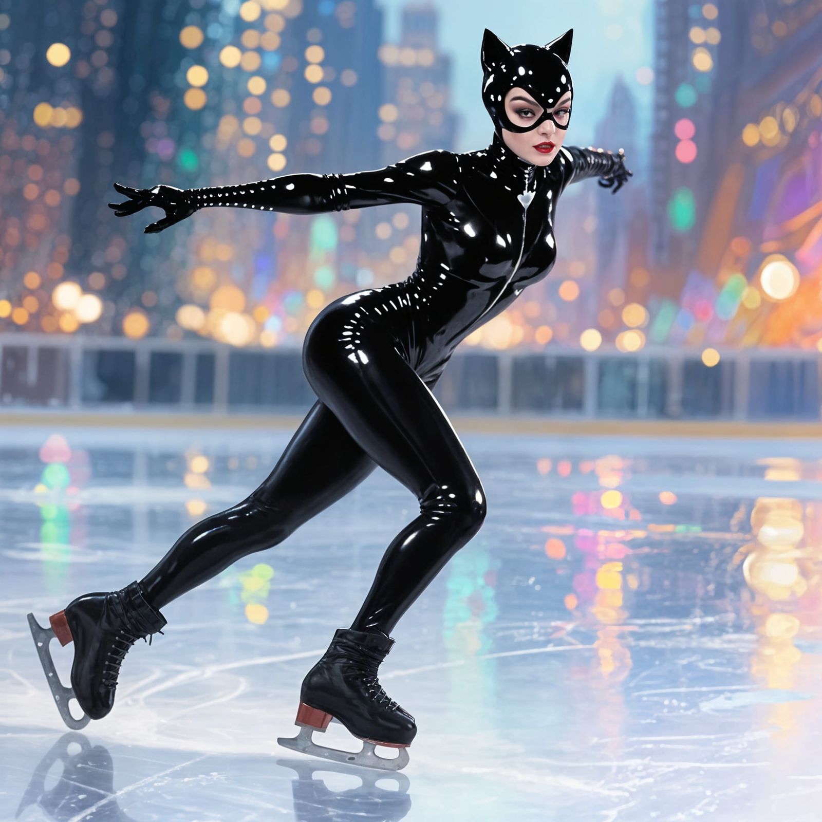 Catwoman Ice Skating in Dazzling Cityscape