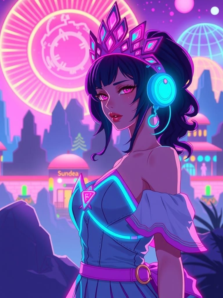 Neon Princess in Futuristic Kingdom, Cel-Shaded Anime Art