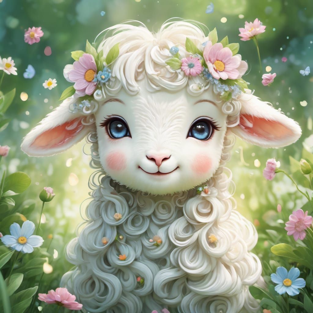 Anime Lamb with Blue Eyes and Floral Crown
