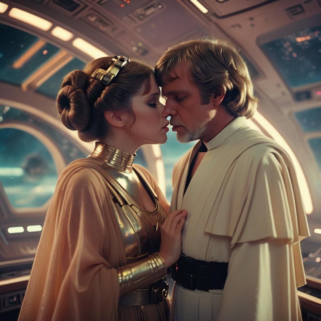Luke Skywalker kissing Princess Leia Organa, On the bridge of a capitol ship, in space near a gas nebula