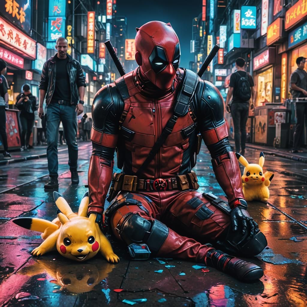 Deadpool and Pikachu in Cyberpunk Tokyo