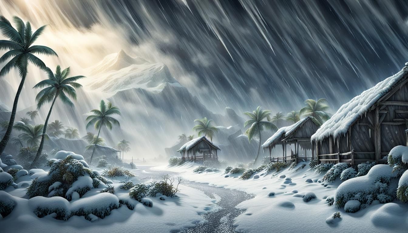 Surreal Blizzard Over a Tropical Oasis