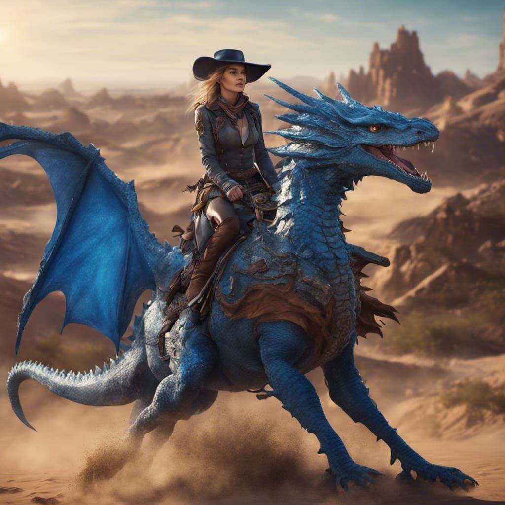 Cowgirl on Blue Dragon in Desert Fantasy Art
