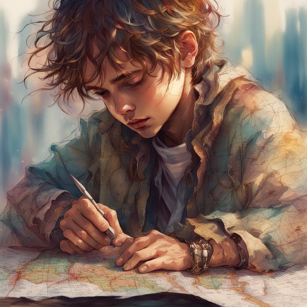 Young Prince Gazing at Map in Carne Griffiths Style