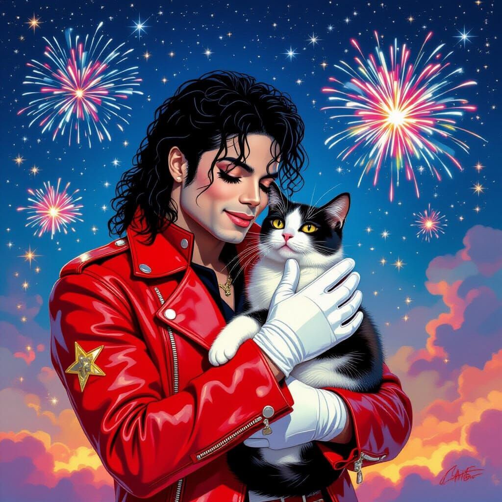 Michael Jackson with Bombay Cat in Starry Night