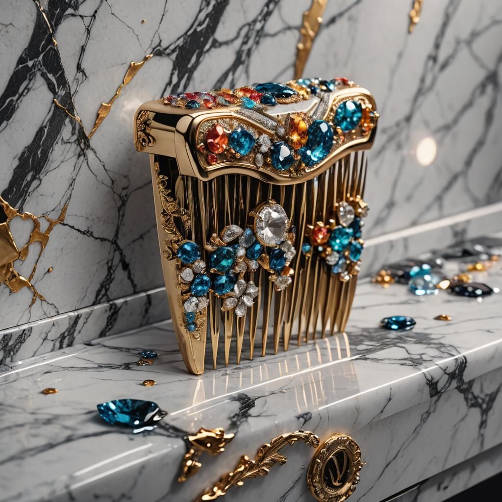 Diamond Comb on Marble Dresser: Hyperrealistic Splash Art