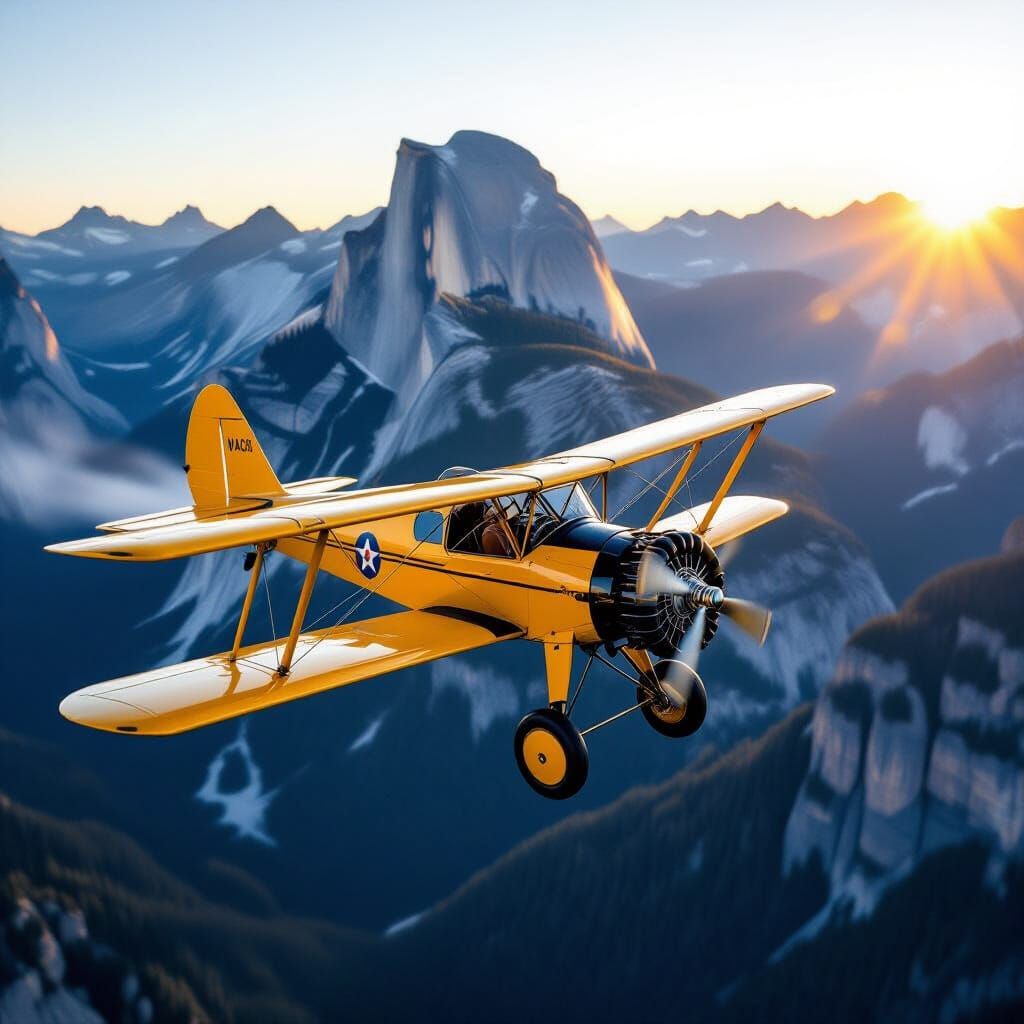 1930s Biplane Banks Near Rocky Mountain Peak