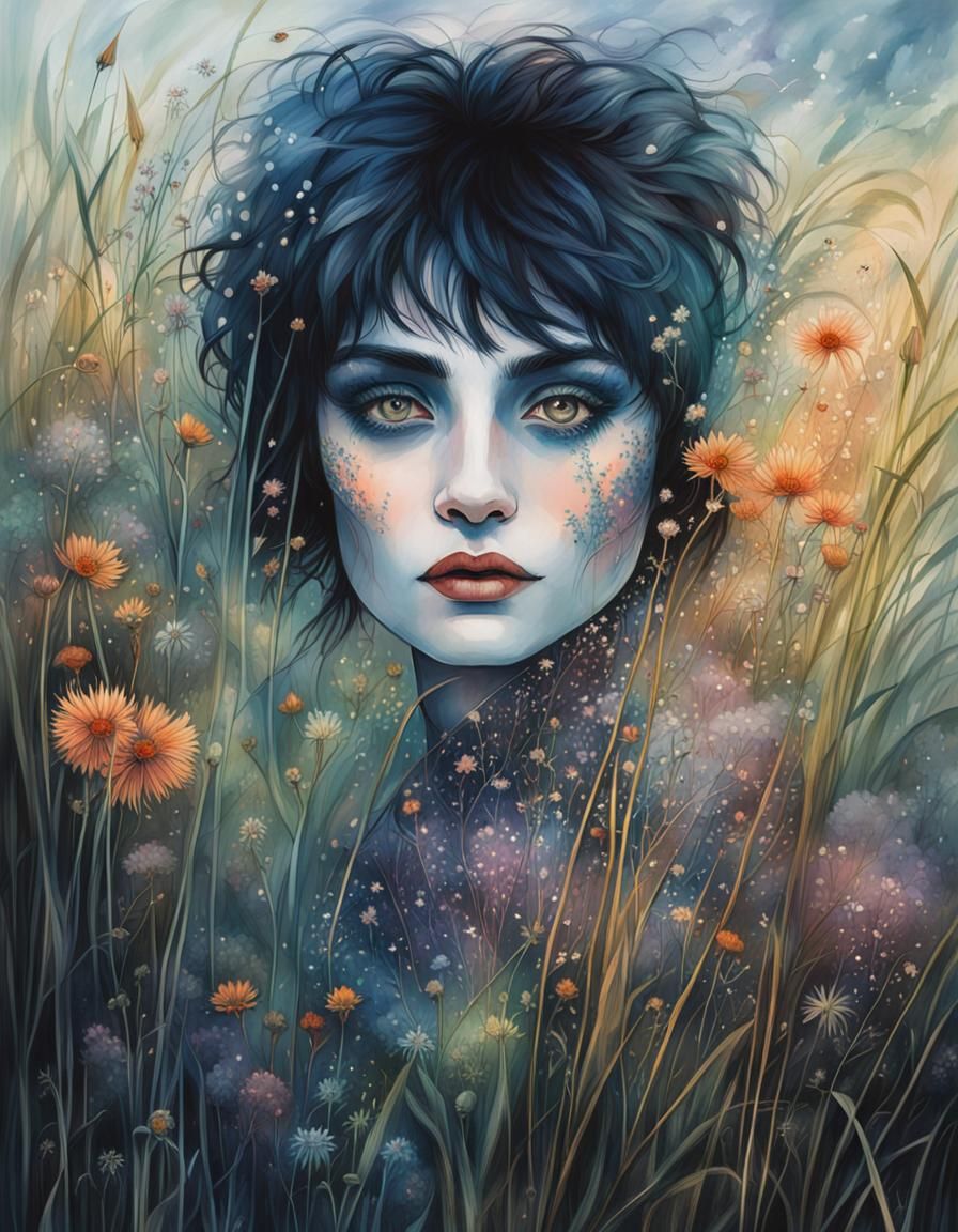 Siouxsie Sioux Portrait in Ethereal Neon Floral Style