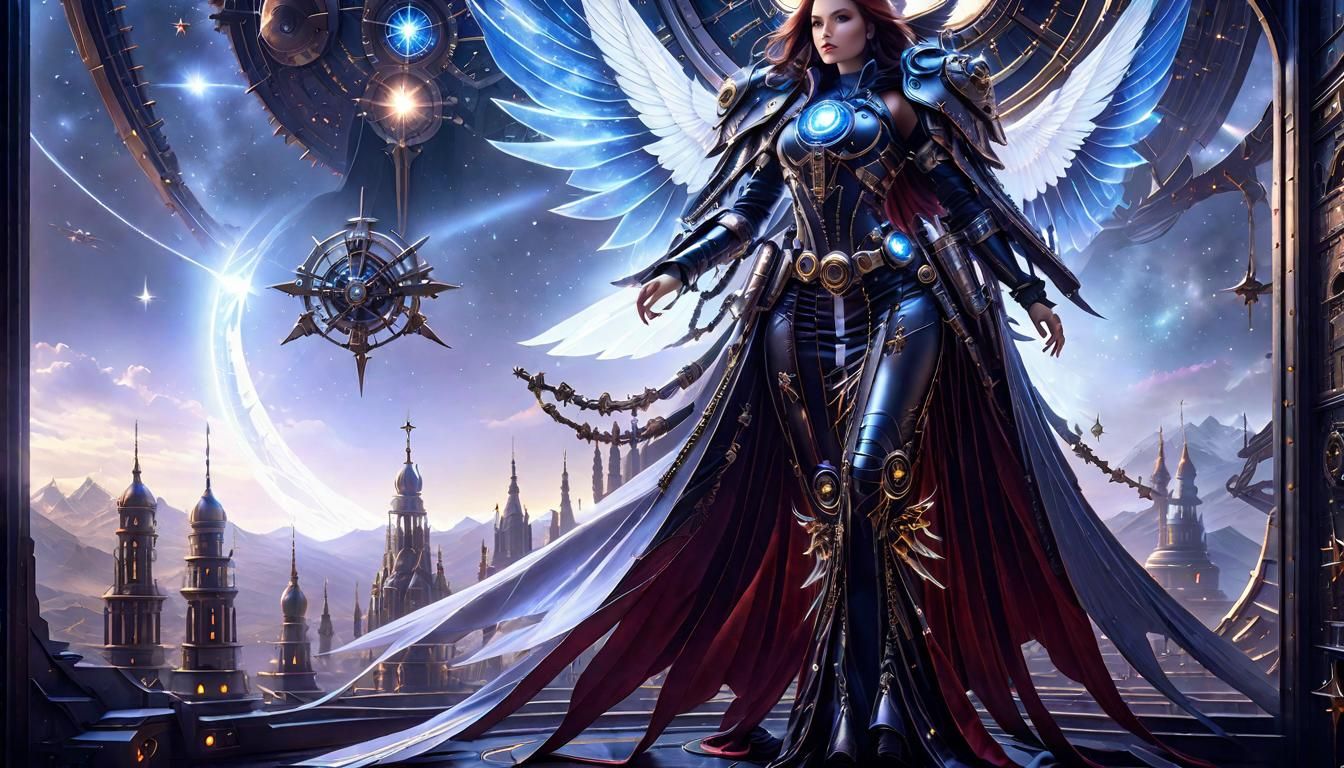 Cyborg Sorceress with Mechanical Wings in Gothic Sci-Fi