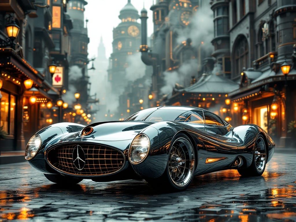 Retro-Futuristic Mercedes Benz Steampunk City