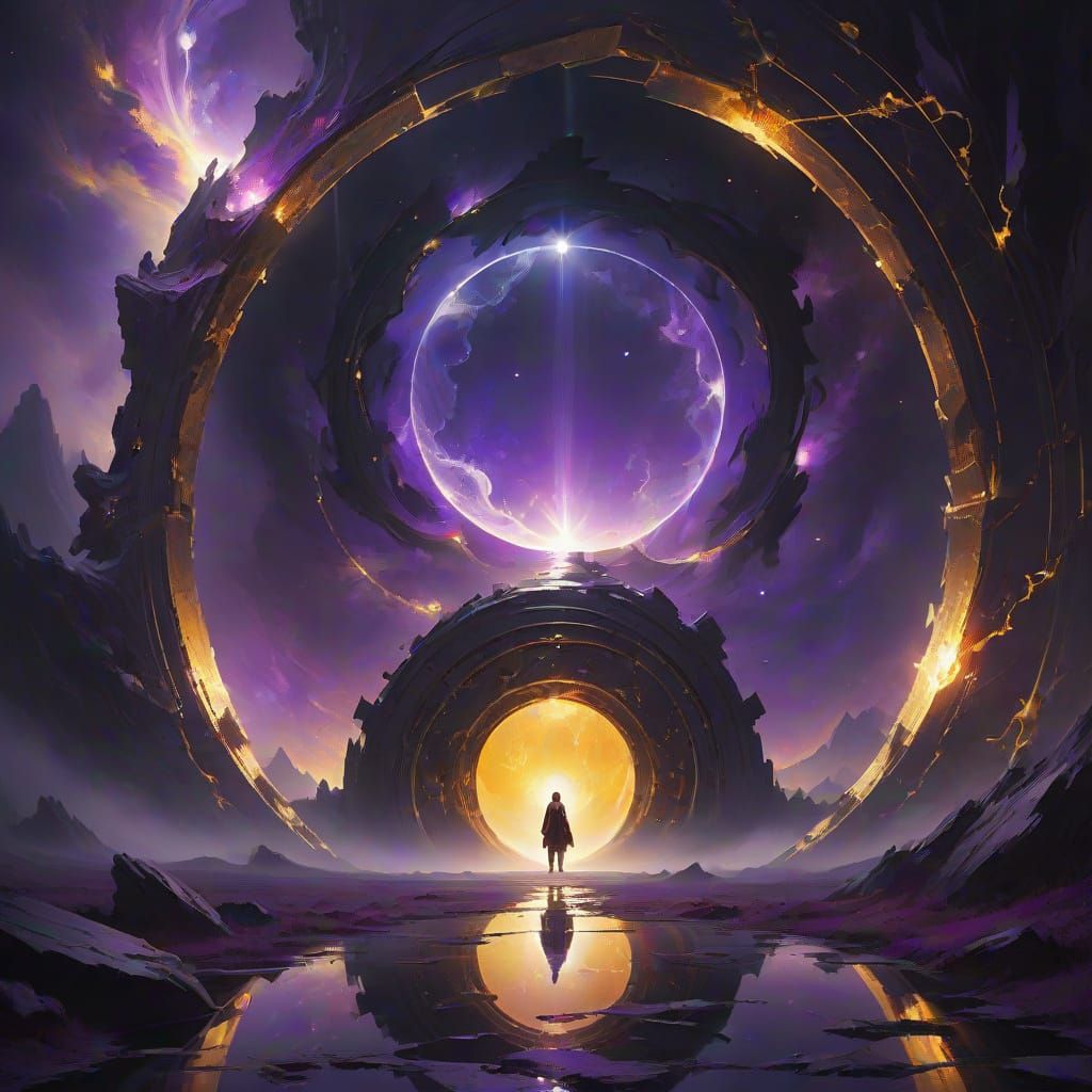 Figure Kneels Before Glowing Portal in Digital Painting