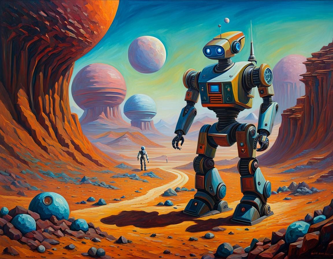 Robot's Alien Adventure as Oil Painting