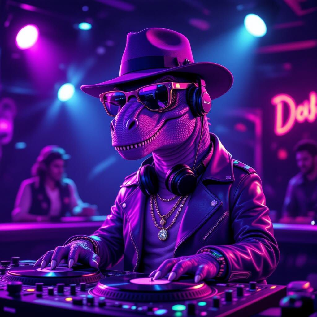 Purple Dinosaur DJ in Neon Nightclub, Digital Art