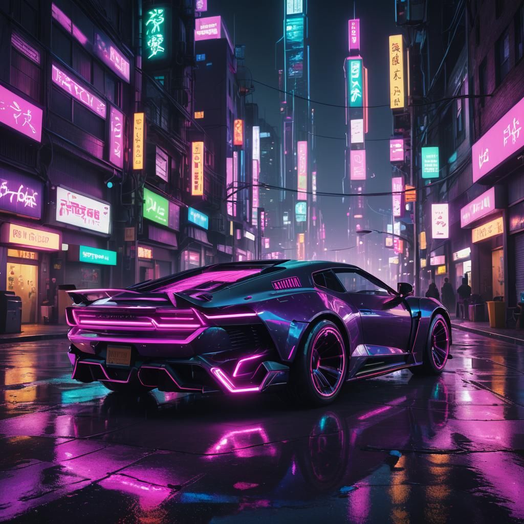 Sleek Cyberpunk Car in Neon Cityscape