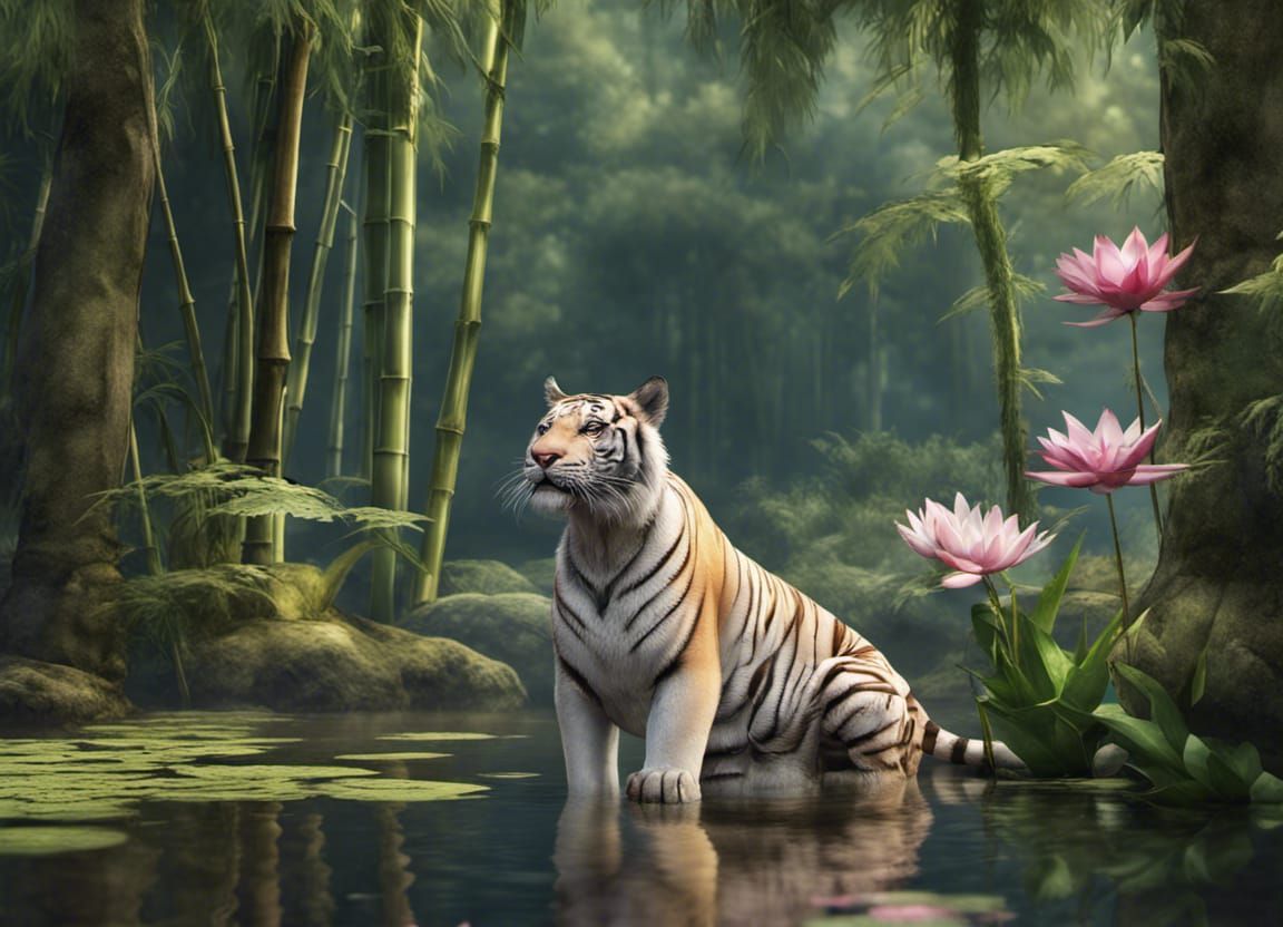 White Bengal Tiger in Bamboo Forest Landscape