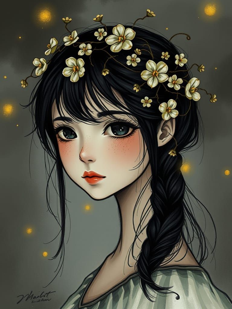 Dark Fantasy Oil Painting of a Girl with Floral Crown in Whi...
