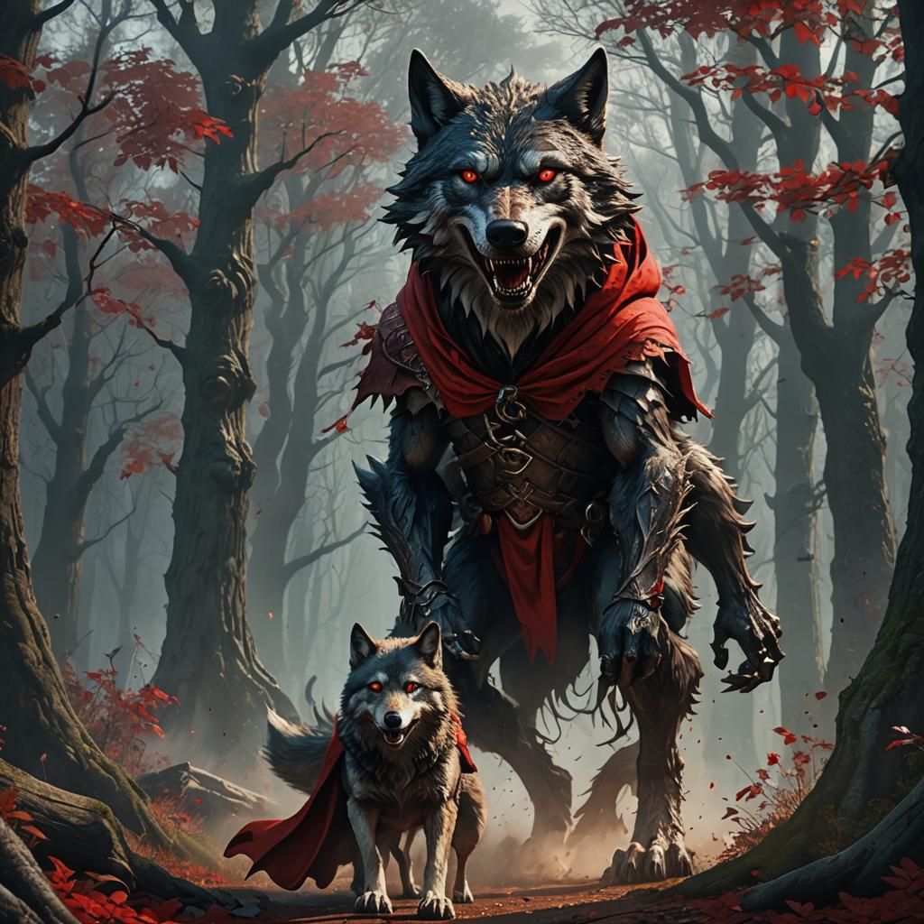 Monstrous Wolf Protecting Red Riding Hood: Fantasy Art