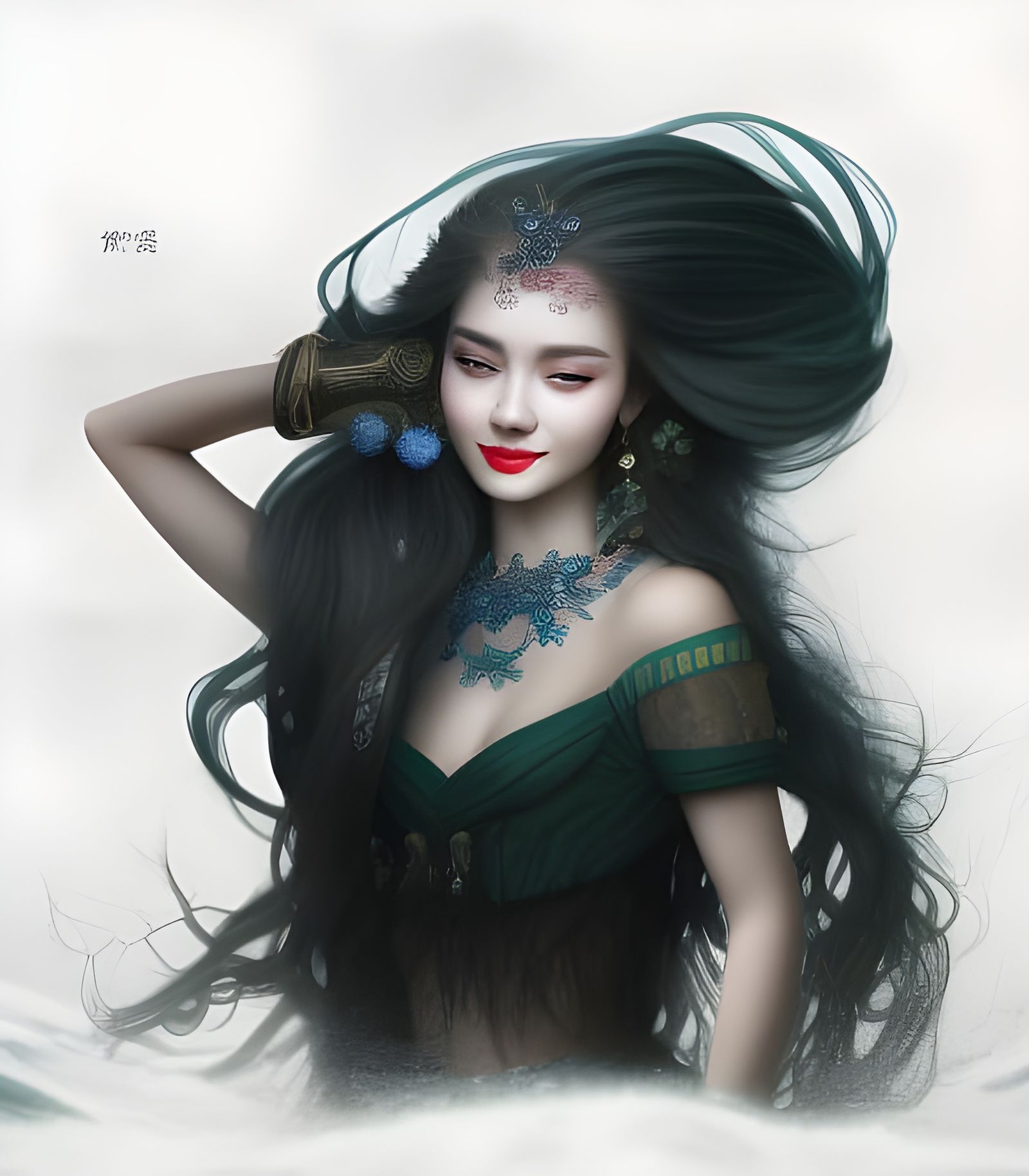 Portrait of Woman with Flowing Hair, Digital Art