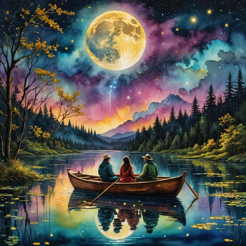 Moonlit Couple on Lake: Holographic Astral Illustration