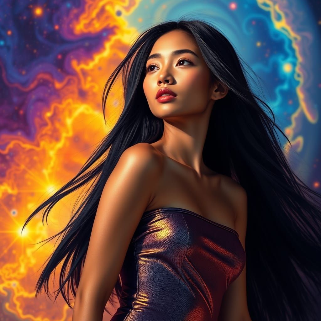 Singaporean Woman in a Surreal Cosmic Dreamscape