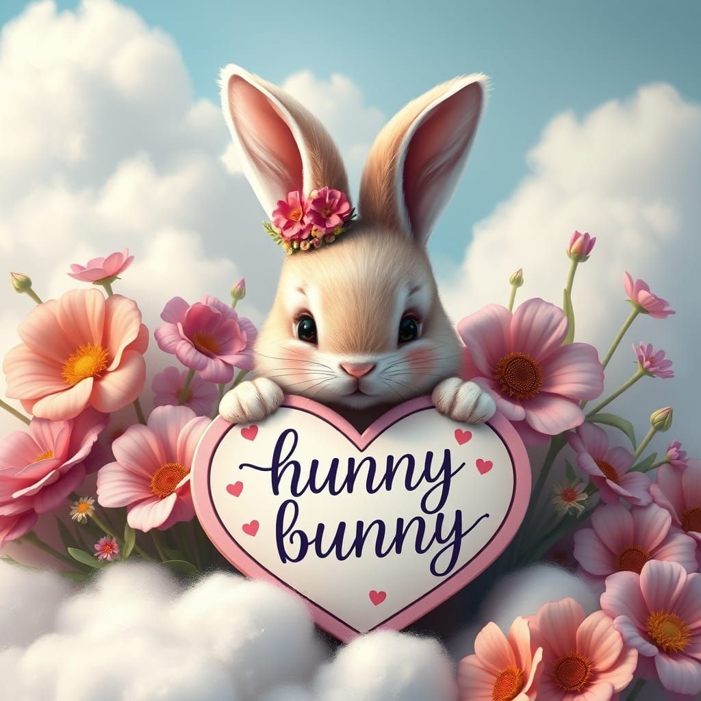 Whimsical Bunny Holding Heart-Shaped Sign Amidst Vibrant Flo...