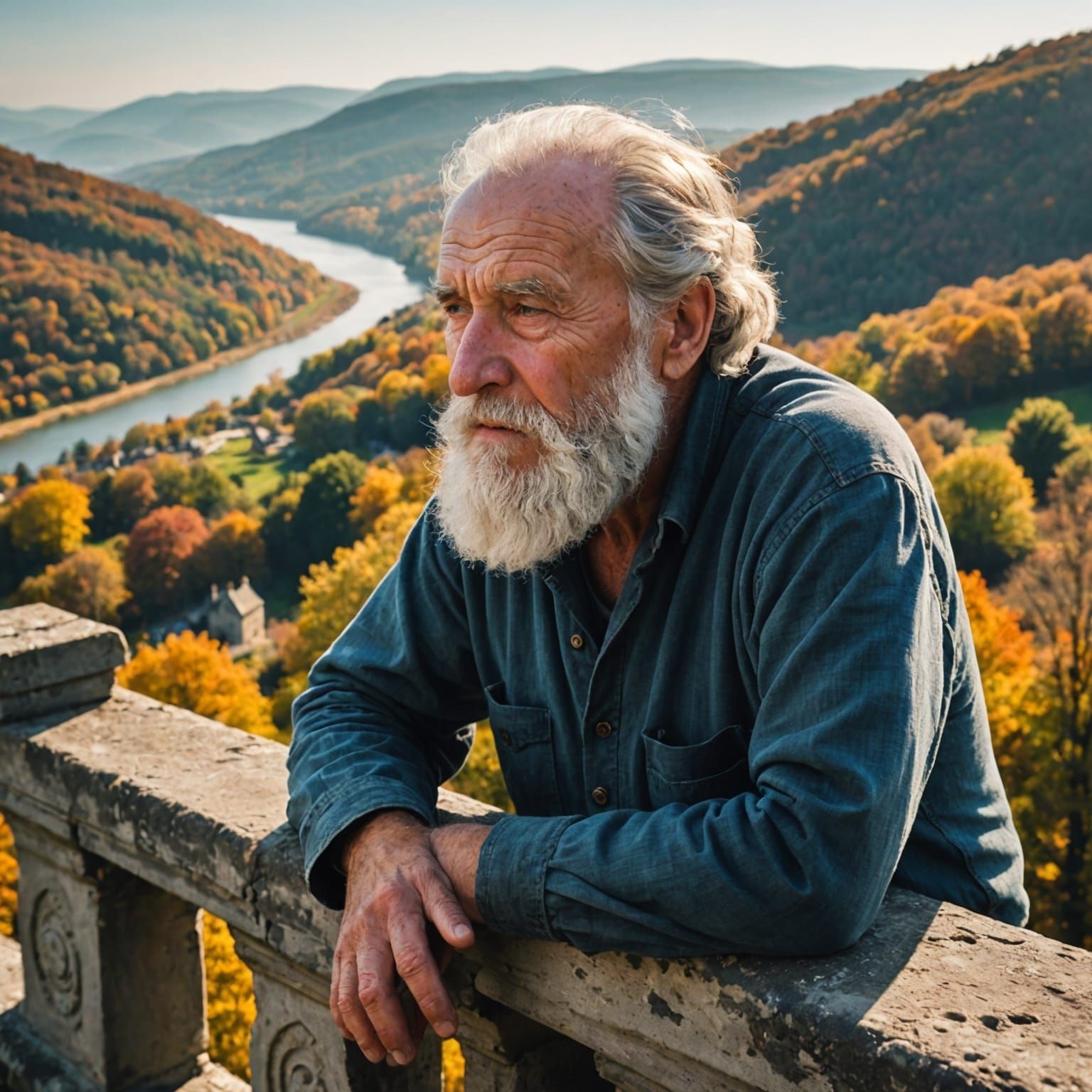 Hopeful Old Man Overlooking Autumn Landscape