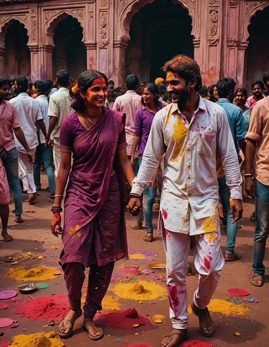 Couple Celebrates Holi in Vrindavan: Cinematic Film Still