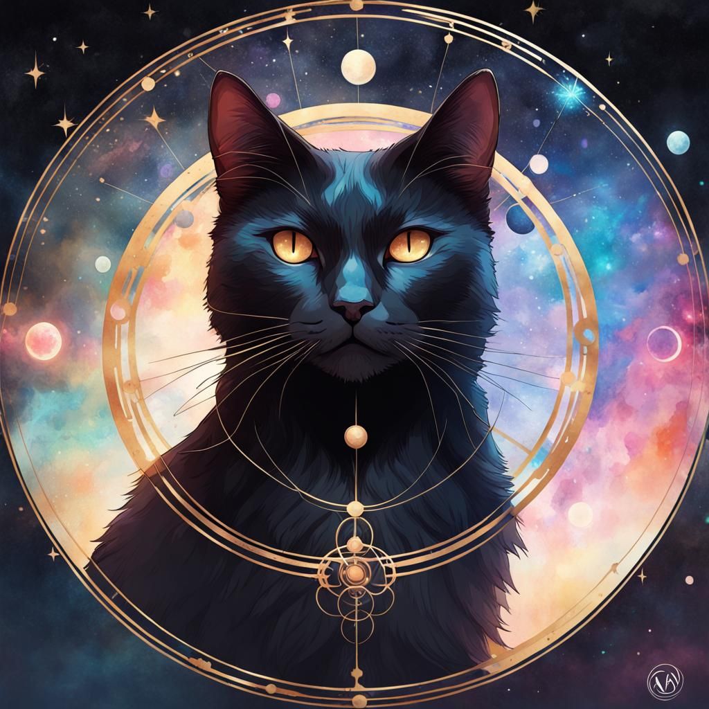 Celestial Cat Portrait in Watercolor Style