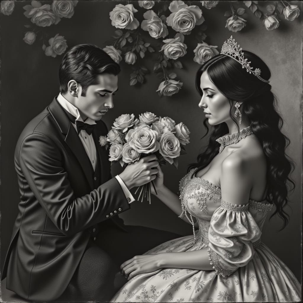 Victorian Romance: Gentleman Offers Roses to Admiring Lady