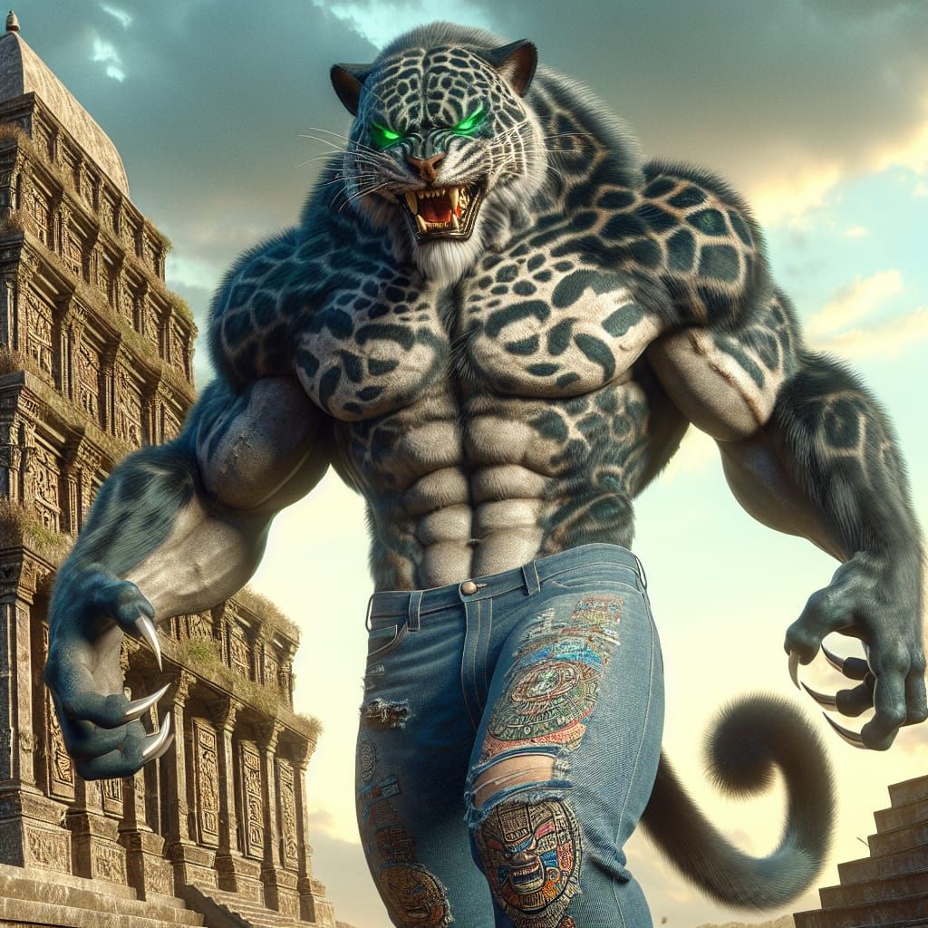 Majestic Werejaguar Strides Confidently in Fantasy Art