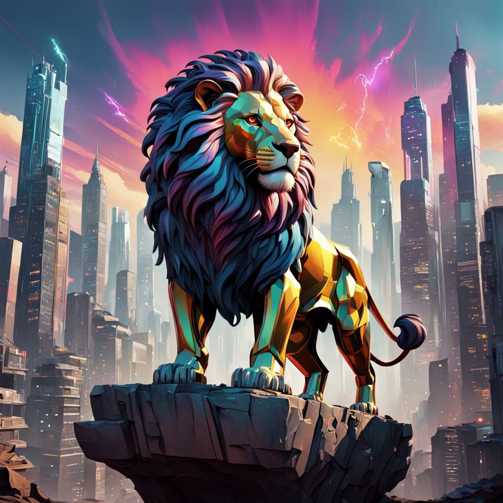 Majestic Lion in Afrofuturist Cityscape