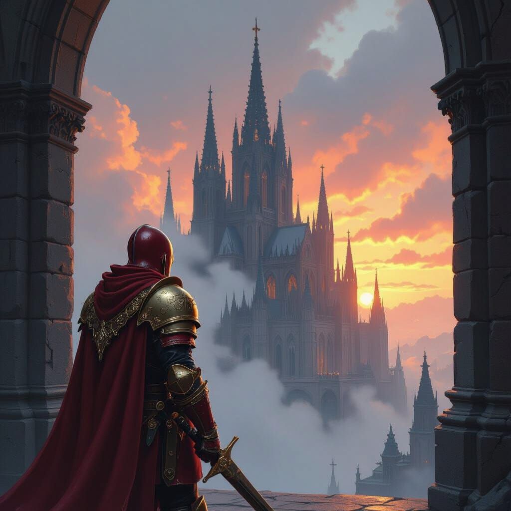Crimson Armored Warrior Guarding Gothic Cathedral
