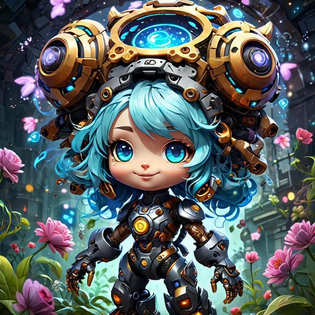 Cute Chibi Character with Colorful Hair and Glowing Eyes