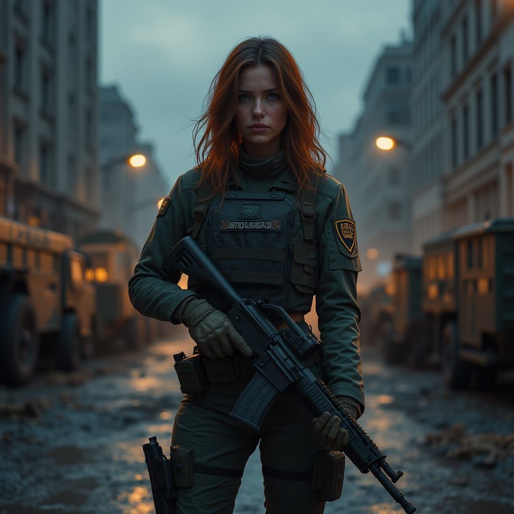 Woman in Police Uniform in War-Torn City