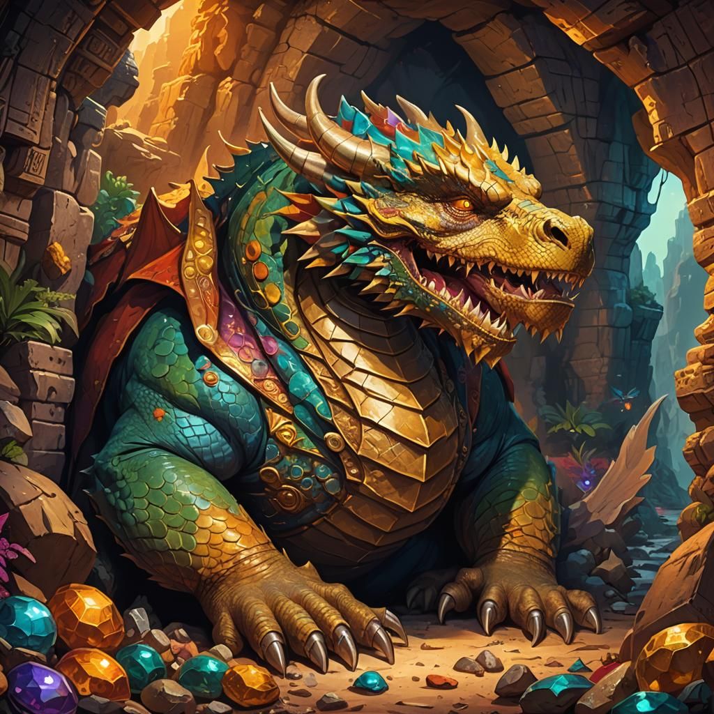 Sleeping Dragon on Treasure in Fantasy Cave