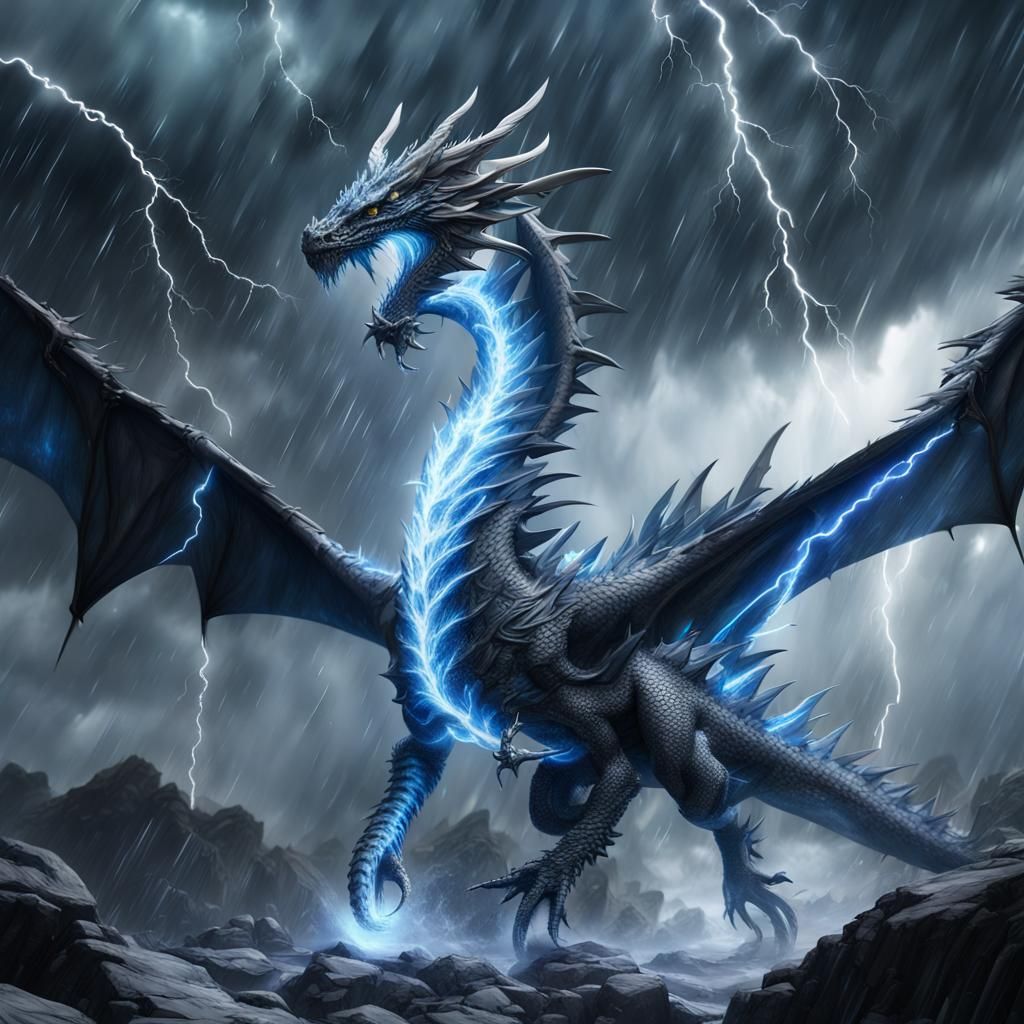Ice Dragon in Lightning Storm: Fantasy Concept Art
