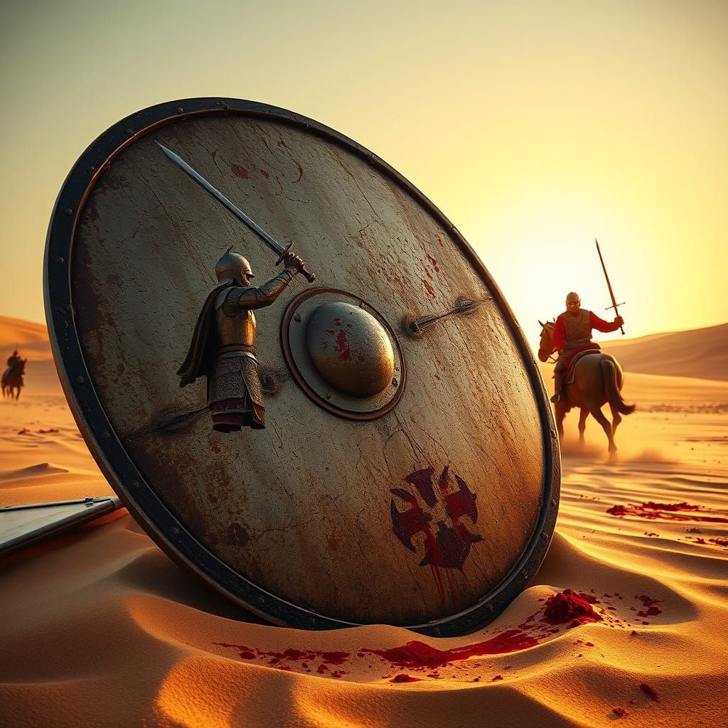 Battle-Scarred Crusader Shield in Golden Desert Sands