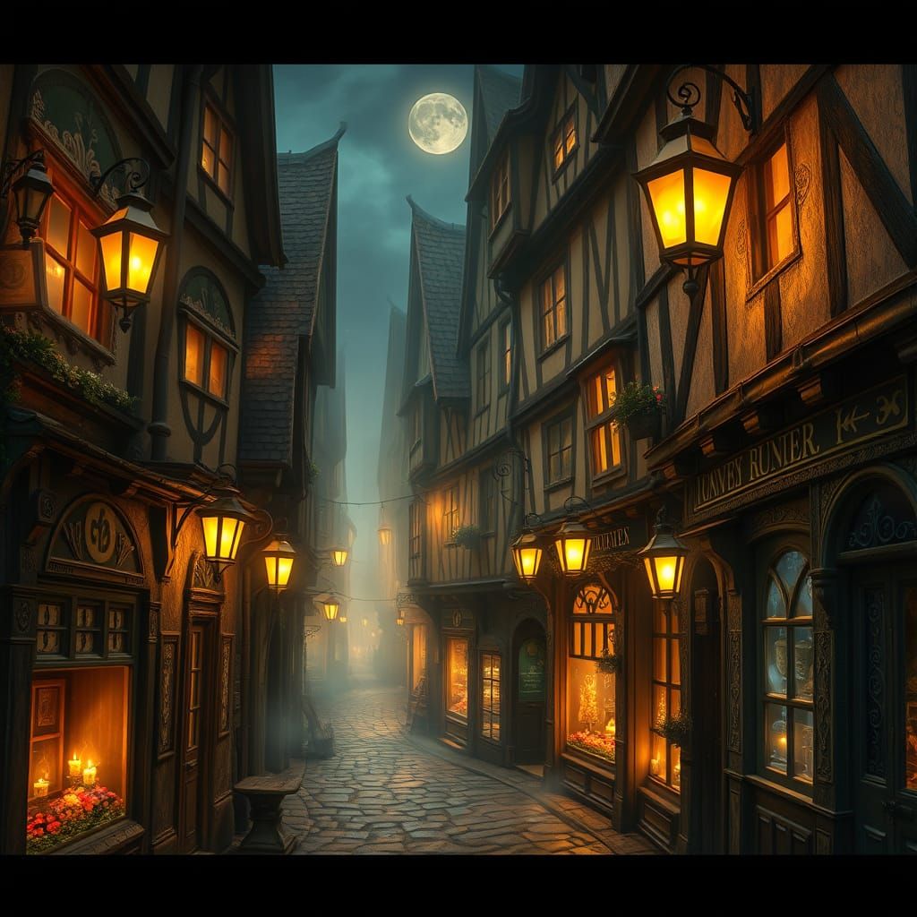 Whimsical 16th Century Alleyway at Dusk