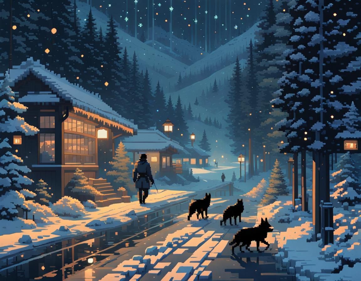 Pixel Art: Man and Dog in Snowy Winterscape