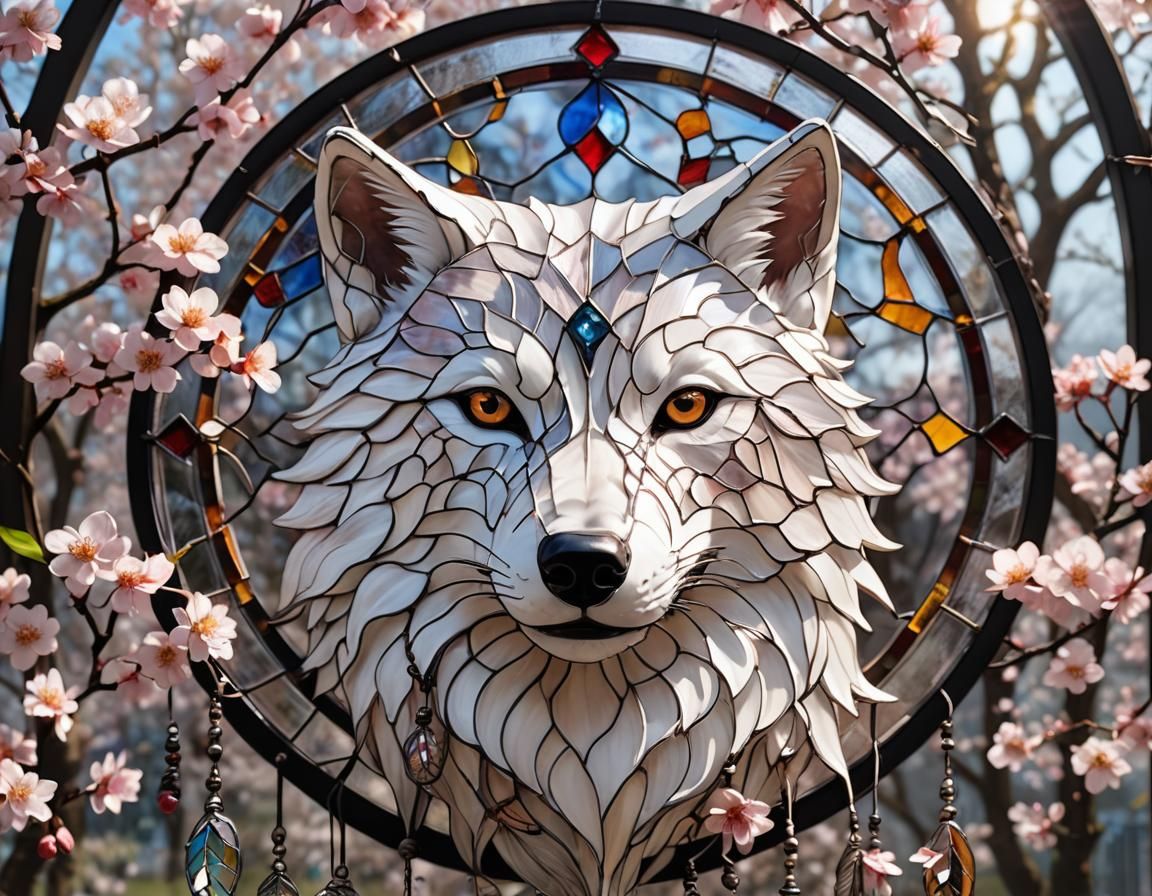 Stained Glass Wolf Dreamcatcher in Hyperreal Detail