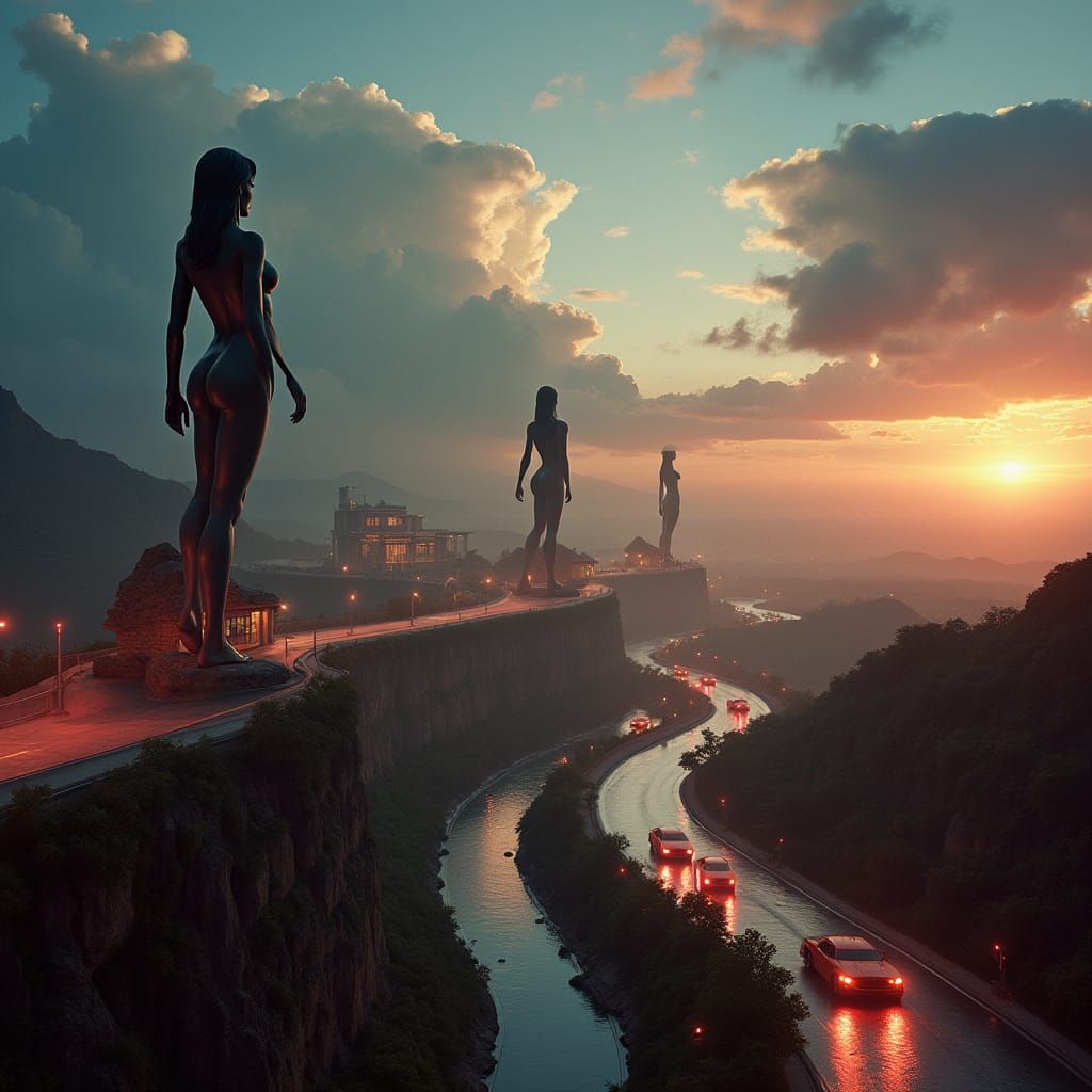 Dystopian Cityscape with Colossal Statues, Cinematic Film St...