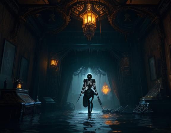 Surreal Skeletal Pirate Nightmare in Ornate Bedroom