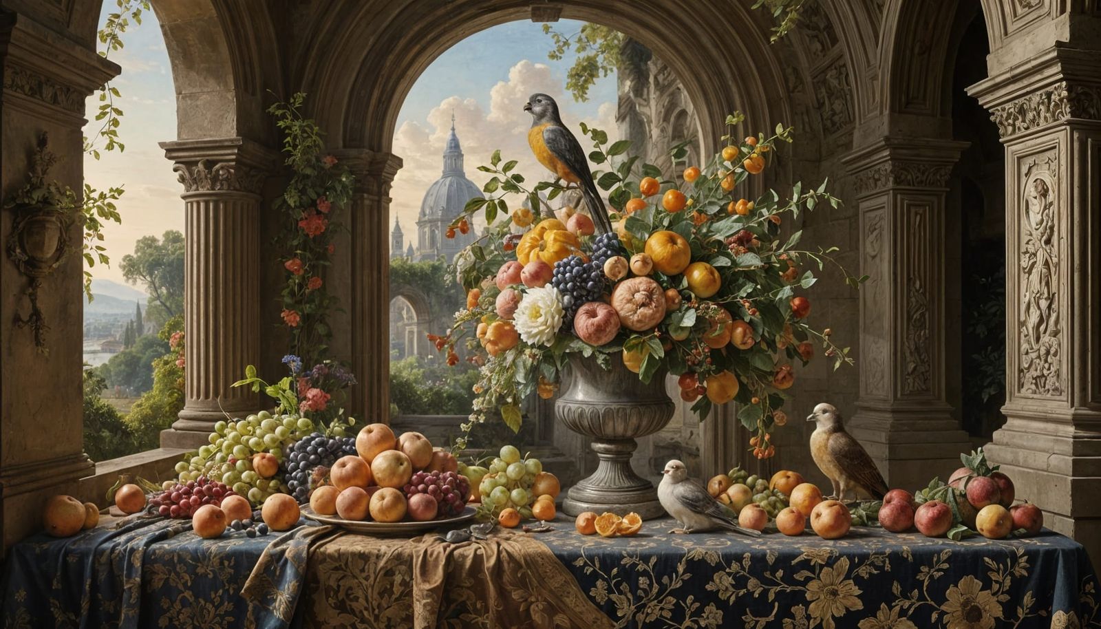 Vibrant Still Life with Fruits, Animals, and Exotic Birds in...