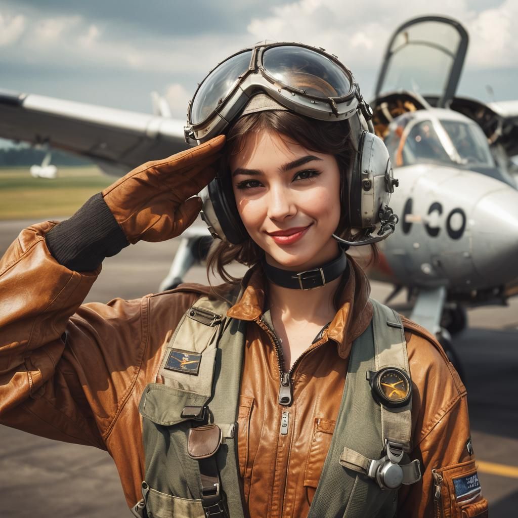 Woman Pilot Saluting in Front of Plane