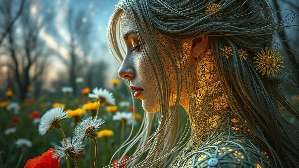 Ethereal String Woman Kissing Garden: Bio-Art Portrait